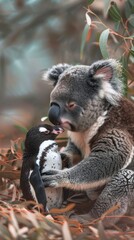 A koala and a penguin share a heartwarming moment in a eucalyptus grove