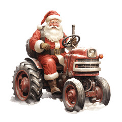 A cheerful illustration of Santa in a red suit driving a tractor on a transparent PNG background