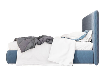 3d Furniture A modern blue fabric king-size bed isolated on a white background