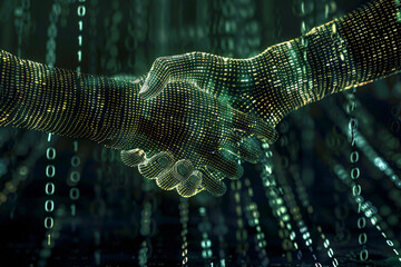 Digital agreement visual with a handshake formed from binary code, highlighting future tech partnerships and secure transactions