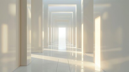 A long, narrow hallway with white walls and a large window