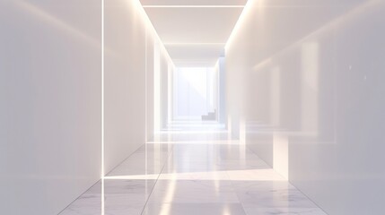 Fototapeta premium A long, narrow hallway with white walls and a white floor
