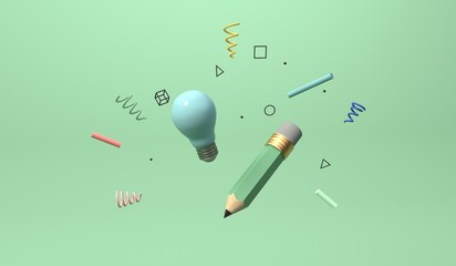 Education and school theme with a lightbulb and a pencil - 3D render