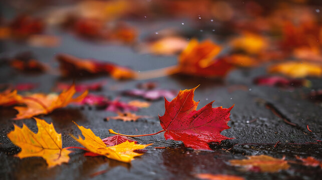 Autumn maple leaves on wet asphalt with rain drops