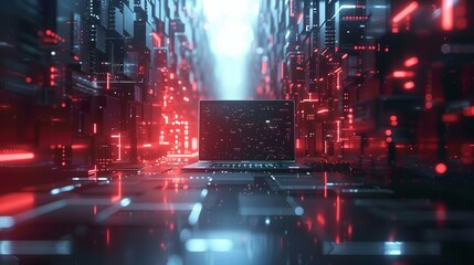 Fototapeta premium Laptop in Futuristic Cityscape