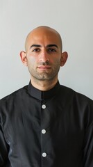 Obraz premium Bald Man Wearing Black Button-Down Shirt in Front of a White Wall
