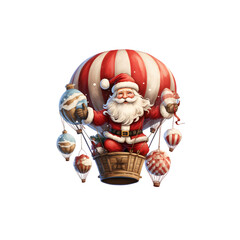 A joyful illustration of Santa in a red suit in a hot air balloon on a transparent PNG background