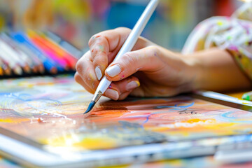 Naklejka premium Close-up of Artist's Hand Painting with Brush on Canvas with Colorful Background