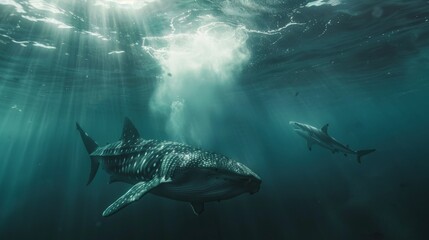 Fototapeta premium A whale shark glides gracefully in sunlit waters, spots glowing