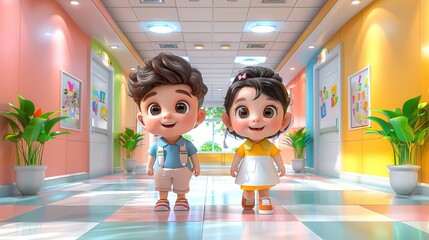 animated children walking down a brightly colored hallway with plants and artwork on the walls.