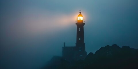 A lighthouse is lit up in the fog. The light is yellow and it is shining brightly. The lighthouse is on a rocky shoreline and the fog is thick. The scene is peaceful and serene