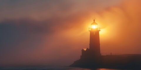A lighthouse is lit up in the fog. The light is orange and the sky is cloudy. The lighthouse is on a rocky shore