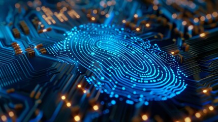 Blue holographic fingerprint on circuit board, highlighting biometric security and data protection. AI Generated