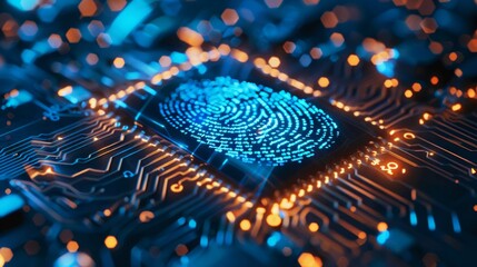 Blue holographic fingerprint on circuit board, highlighting biometric security and data protection. AI Generated