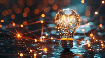 3D glowing light bulb with network and neural connections on dark background. Innovation and AI technology concept. AI Generated.