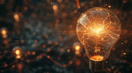 3D glowing light bulb with network and neural connections on dark background. Innovation and AI technology concept. AI Generated.