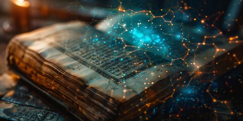 A book with a blue and orange background with a light shining on it