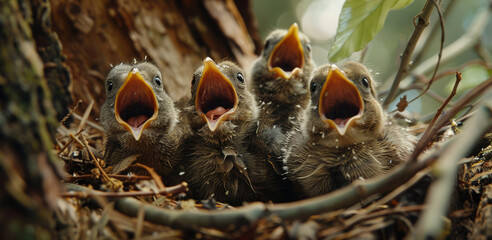 Fototapeta premium A group of hungry chicks sit in a nest in a tree with their mouths wide open, waiting to be fed.