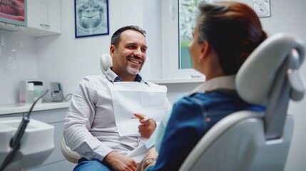Dentist discussing tooth implant aftercare with a patient.