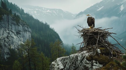 An eagle perches on a mountain nest, overlooking misty skies