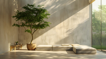 Hyper-realistic minimalist living room, soft natural light, single potted plant, clean lines,