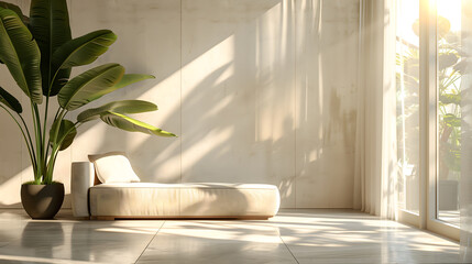 Hyper-realistic minimalist living room, soft natural light, single potted plant, clean lines,