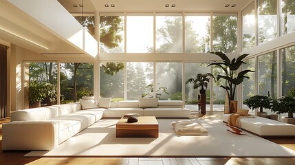 Spacious living room with large windows, sleek white furniture, and minimal decor.