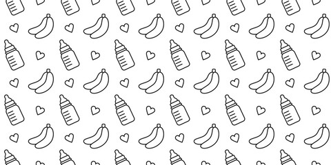 Seamless outline pattern with baby bottles and bananas. Child nutrition, drink and food for infants and newborn kids in bottles with pacifier and ruler scale, vector black and white background 