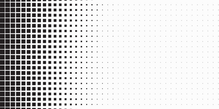 Halftone pixelated gradient background. Faded square particles texture. Dissolving grunge noise wallpaper. Black dots, speckles, pixels, specks wallpaper. Horizontal gritty vector