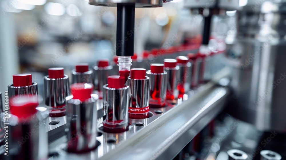 Poster a machine is filling up bottles with red liquid
