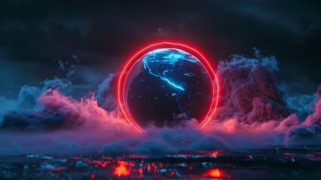 A glowing red planet is surrounded by a cloud of smoke - Powered by Adobe