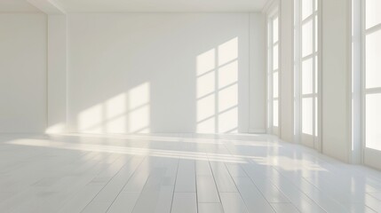 A large, empty room with white walls and wooden floors