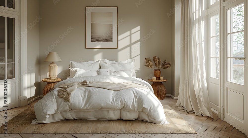 Poster Sunlit bedroom with a minimalist design, featuring floor-to-ceiling windows and minimal furnishings.