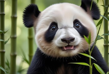 Fototapeta premium Close up of a cute panda sitting between bamboo