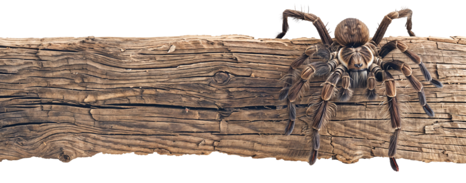 Realistic Tarantula Crawling on Weathered Wooden Plank on Transparent Background