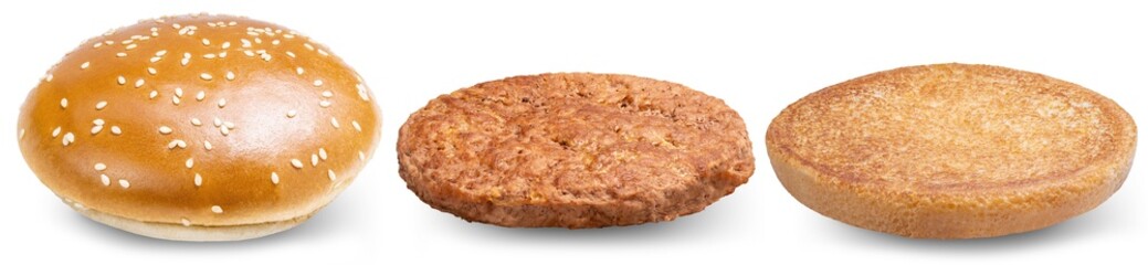 Set of hamburgers Separate bread and meat isolate on white with clipping path.