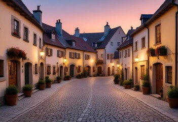Fototapeta premium Rustic European village. A cobbled, stone road along which there are multi-family houses in a rustic style. Narrow stone street with tenement houses during sunset