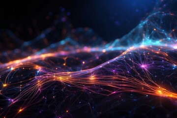 Obraz premium Futuristic neural network visualization. Glowing interconnected nodes form ethereal waves. Vibrant pink, blue, and orange lights against dark background.