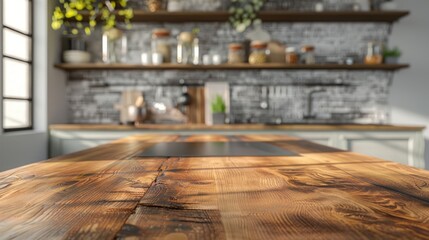 wooden table with modern kitchen background