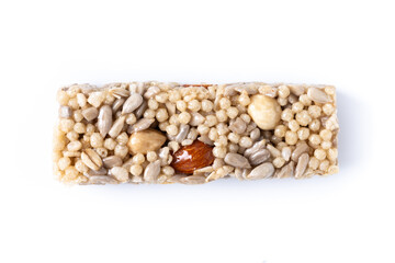 Healthy Muesli bar with nuts and seeds isolated on white background. Top view
