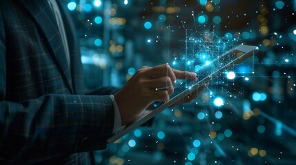 Businessman Interacting with Virtual Blockchain Network, Holding a Tablet with Floating Data Fields