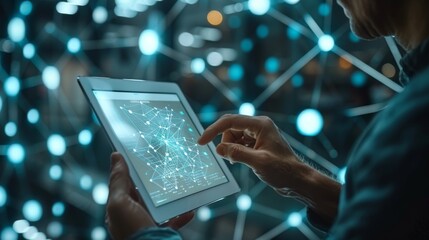 Businessman Interacting with Virtual Blockchain Network, Holding a Tablet with Floating Data Fields