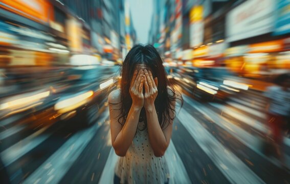 Intense struggle: depiction of person in suffering from panic attack, illustrating psychological disorder, vegetovascular dystonia, capturing profound impact of disease on mental and physical health.
