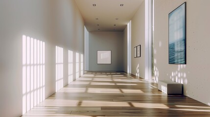 Fototapeta premium A large room with a white wall and a blue framed picture on the wall