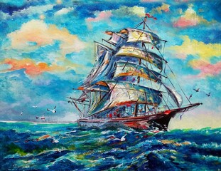 art oil painting sailboat in sea and Lucky trade	