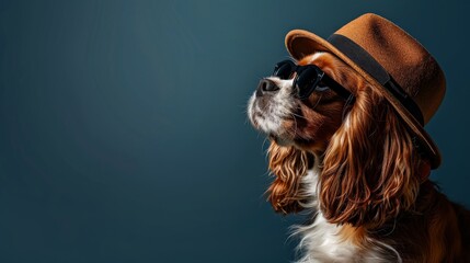 Naklejka premium Cavalier King Charles Spaniel in fedora and sunglasses, looking up thoughtfully