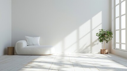 A white room with a white couch and a potted plant