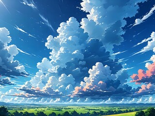 Obraz premium A breathtaking view of the sky, with vibrant colors and fluffy clouds floating peacefully, anime style 