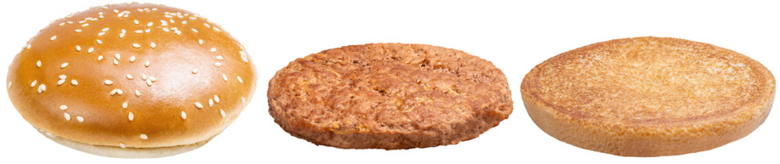 Set of hamburgers Separate bread and meat isolate on white PNG File.
