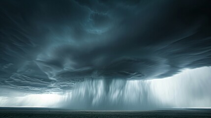 A dramatic and clear photo of a stormy sky with dark clouds and heavy rain pouring down over a landscape
